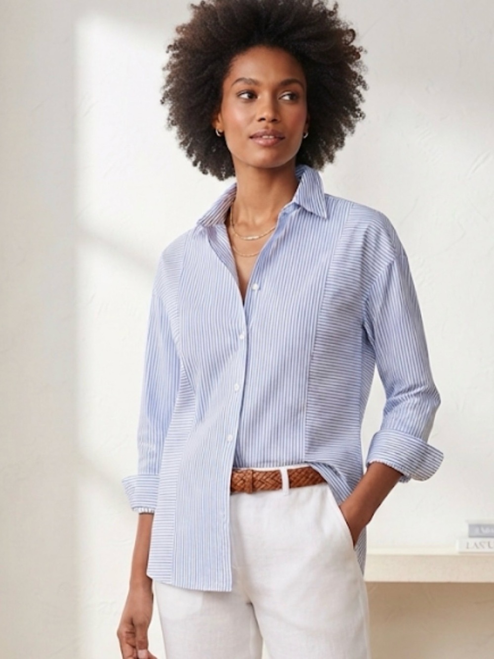 J.McLaughlin Mixed-Stripe Cotton Button-Down Shirt Blue white Size M luxury